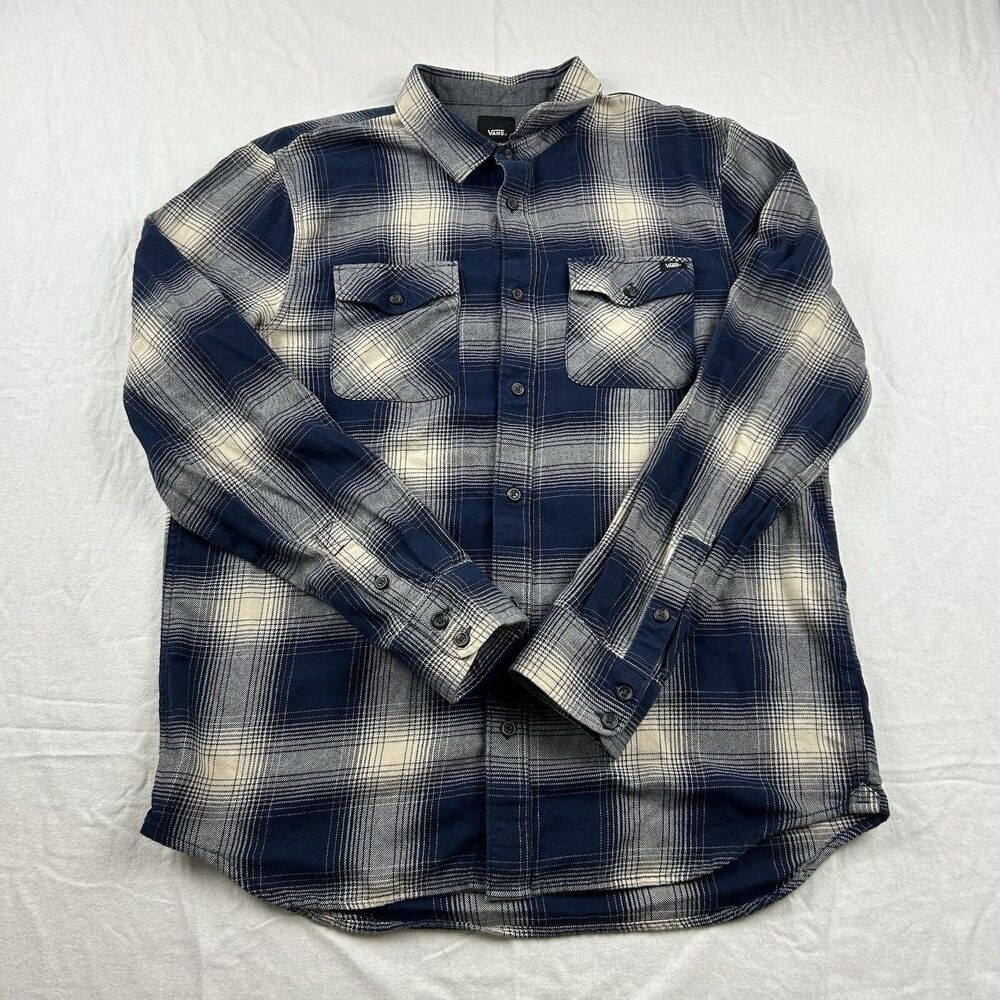 Vans Button Up Shirt Mens Medium Blue Plaid Long Sleeve Pockets Skate Grunge